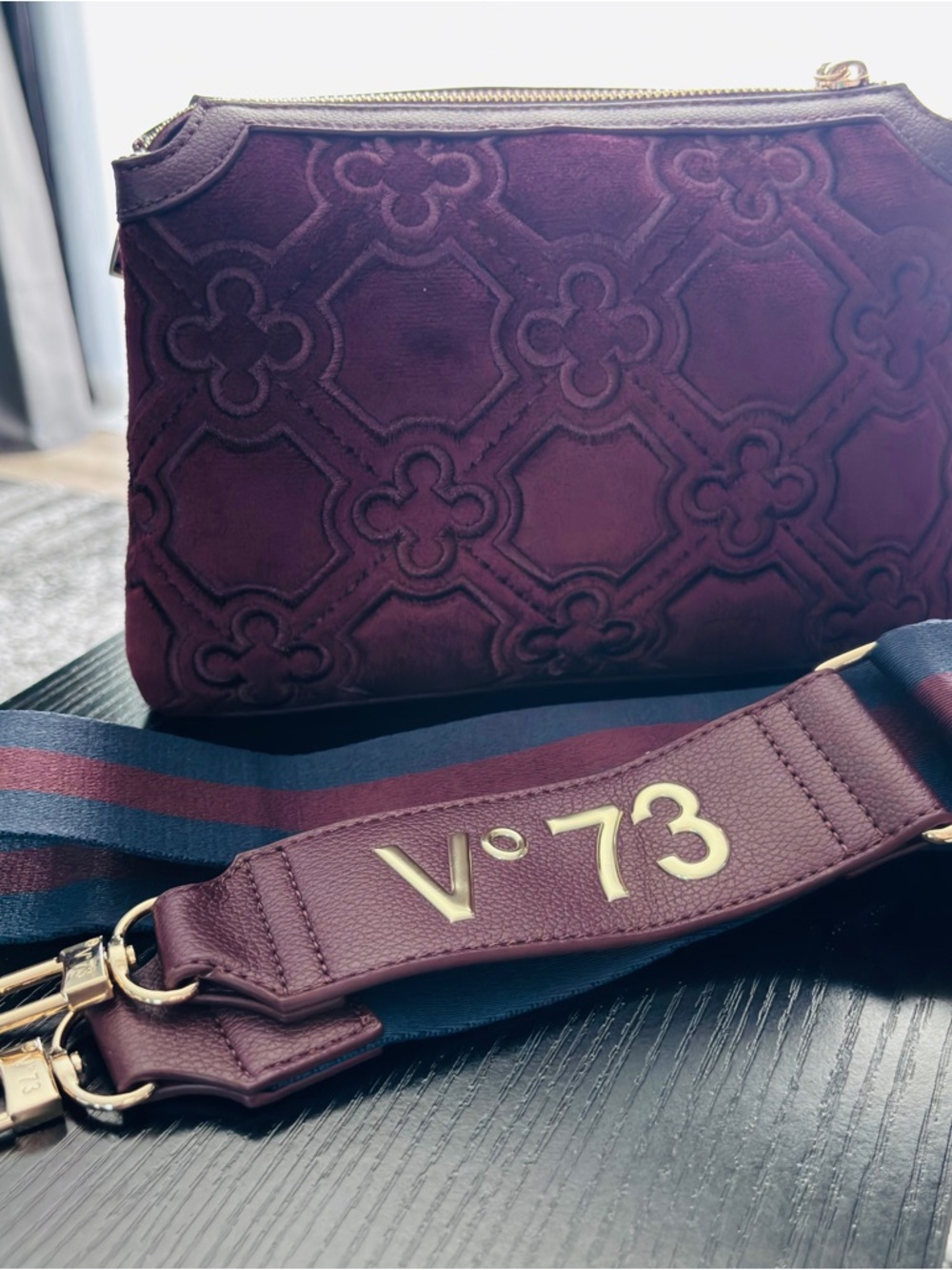 V°73 Italy Burgundy Velvet Crossbody Bag Wide Logo Strap NWT - Picture 2 of 16
